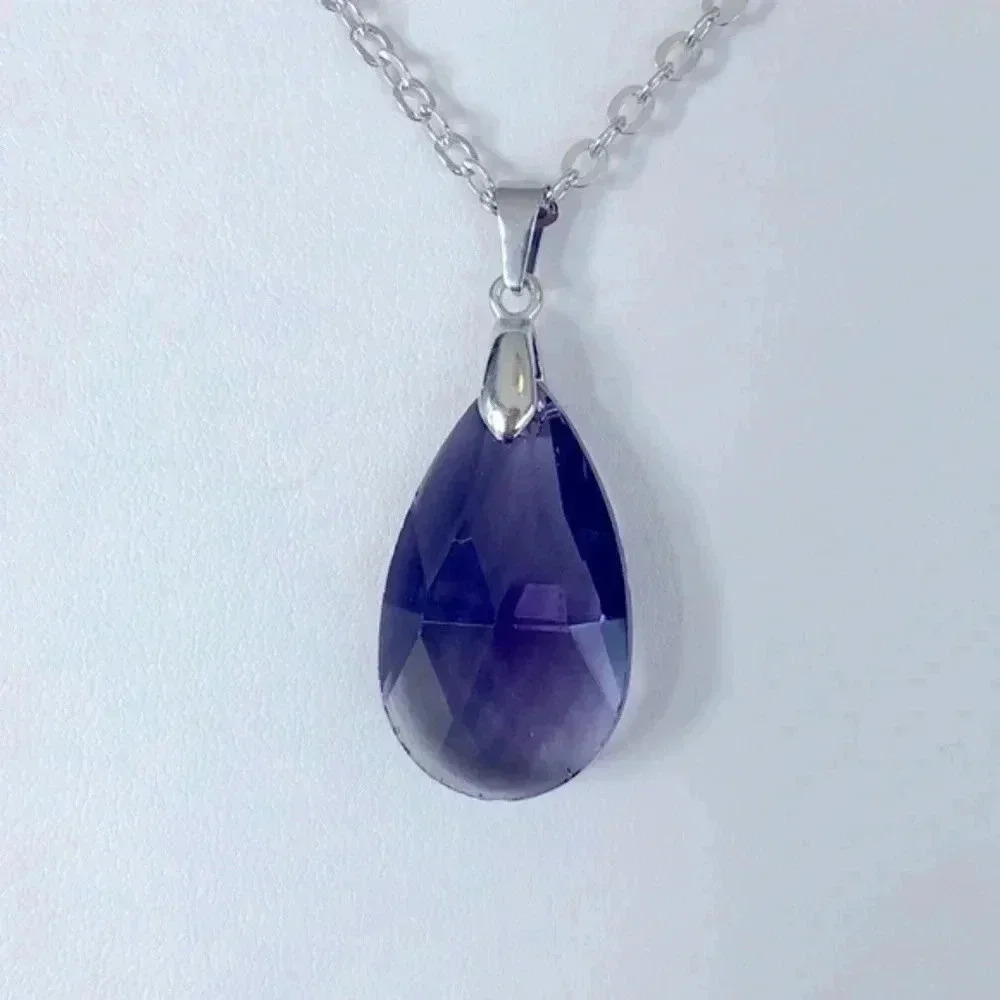 Purple Crystal Teardrop Stainless Steel Necklace NWT